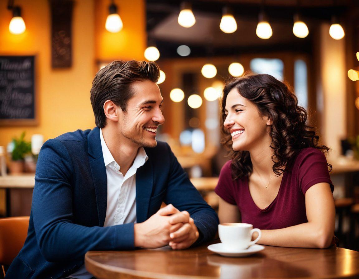 A romantic scene depicting a couple transitioning from playful flirtation to a deep, committed relationship. Show them laughing together in a cozy cafe, surrounded by soft lighting and warm colors, with a subtle background of heart shapes blending into the bokeh. Capture their genuine connection through their body language and expressions. Include symbols of commitment, like intertwined hands or a small gift. vibrant colors. soft focus.