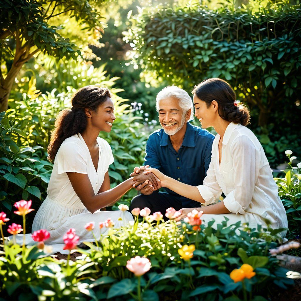 A warm and inviting scene featuring two diverse individuals sharing a heartfelt conversation in a lush garden surrounded by blooming flowers, symbolizing emotional bonds. Soft sunlight filters through the leaves, casting gentle shadows, and a pair of intertwined hands can be seen in foreground. The image should evoke feelings of intimacy and connection. vibrant colors. soft focus.