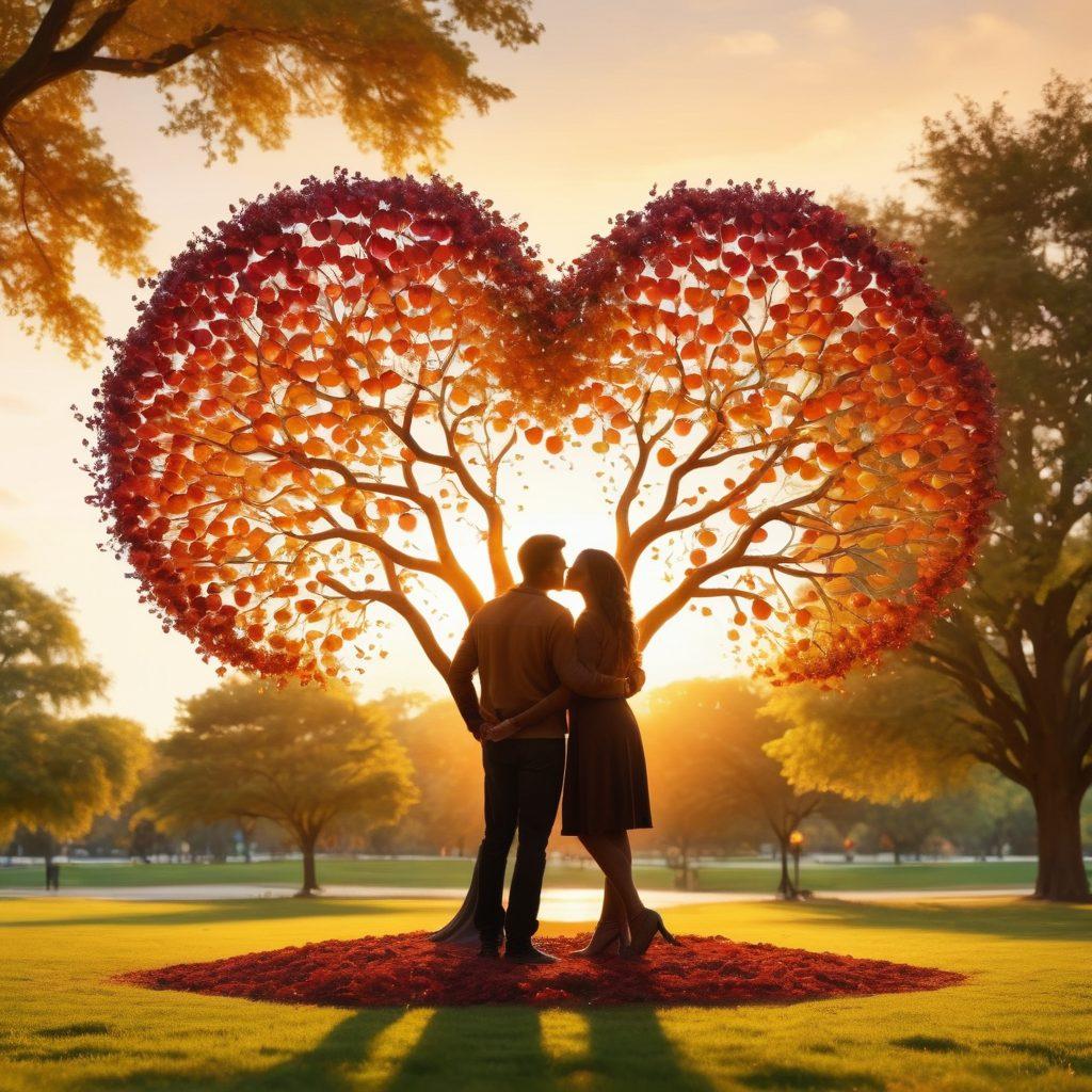 A warm, heart-shaped tree in a vibrant park, its branches intertwining with diverse silhouettes of couples sharing joyful moments. Soft glowing orbs of light represent meaningful connections, illuminating the space around them. The background showcases a sunset that casts a golden hue, symbolizing hope and love. super-realistic. vibrant colors. 3D.